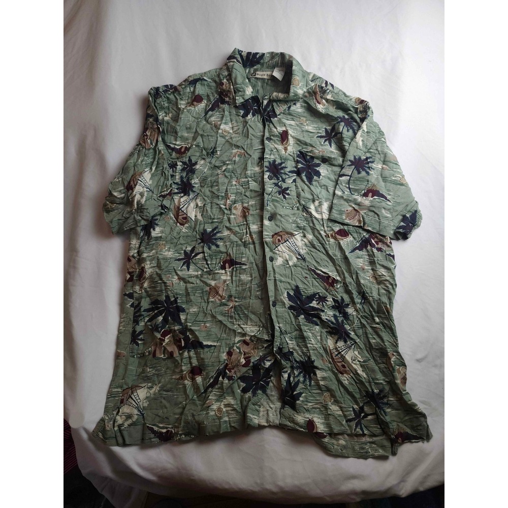Bugle Boy Men XL Tropical Palm Tree Sailboat Rayon Camp Shirt Green Short Sleeve
